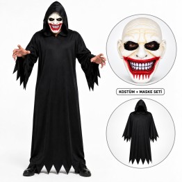 Kanlı Gülüş Maskeli Siyah Kapüşonlu Kostüm Seti 140 cm
