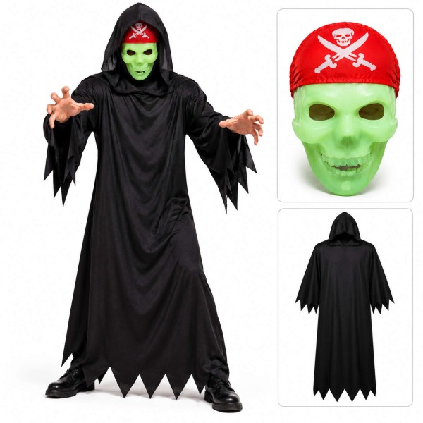 Fosforlu Kafatası Maskeli Siyah Hayalet Kostümü – 140 cm