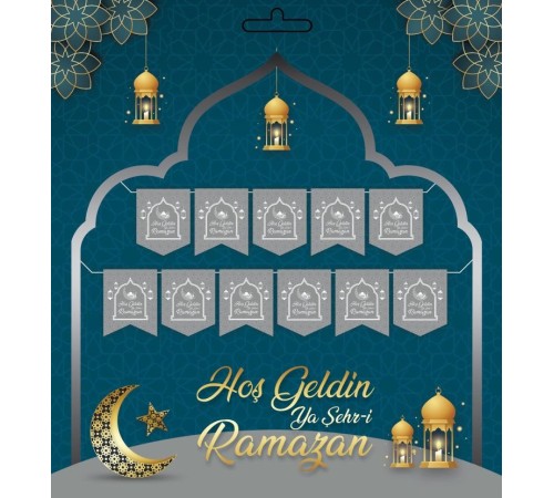 Gümüş Renk Hoşgeldin Ya Şehr-i Ramazan Yazılı Banner Ramazan Süslemesi 230 cm