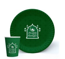 Yeşil Renk Hoşgeldin Ya Şehr-i Ramazan Yazılı Tabak ve Bardak Seti 16 Adet