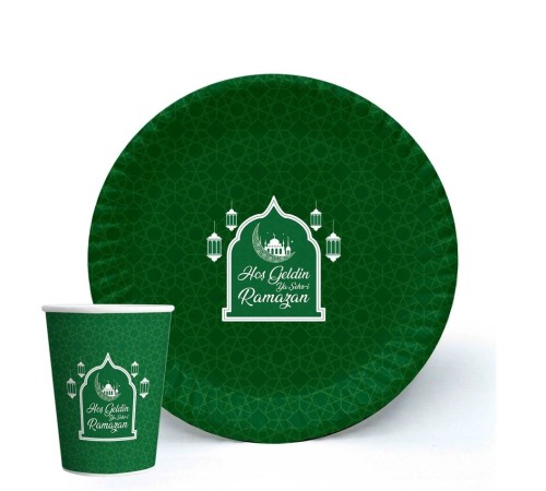 Yeşil Renk Hoşgeldin Ya Şehr-i Ramazan Yazılı Tabak ve Bardak Seti 16 Adet