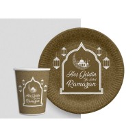 Altın Renk Hoşgeldin Ya Şehr-i Ramazan Yazılı Tabak ve Bardak Seti 16 Adet