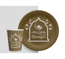 Altın Renk Hoşgeldin Ya Şehr-i Ramazan Yazılı Tabak ve Bardak Seti 16 Adet