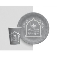Gümüş Renk Hoşgeldin Ya Şehr-i Ramazan Yazılı Tabak ve Bardak Seti 16 Adet