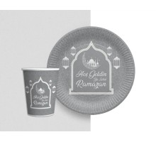 Gümüş Renk Hoşgeldin Ya Şehr-i Ramazan Yazılı Tabak ve Bardak Seti 16 Adet