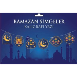 Mavi Üzeri Altın Renk Ramazan Koreografi Simgeler Banner Afiş 21x150 cm