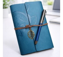 Yaprak Desenli Deri Defter Ve Lacivert Metal Roller Kalem Seti