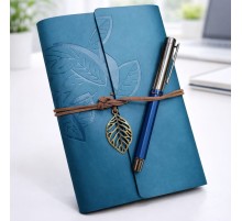 Yaprak Desenli Deri Defter Ve Lacivert Metal Roller Kalem Seti