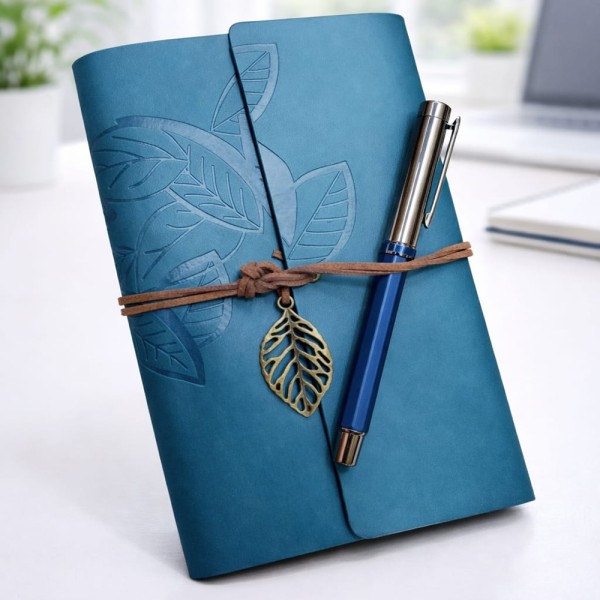 toptan-xml-dropshipping-Yaprak Desenli Deri Defter Ve Lacivert Metal Roller Kalem Seti