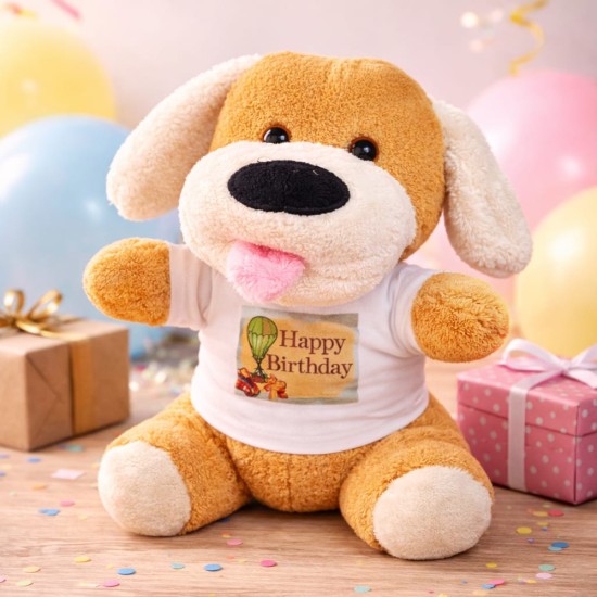 toptan-xml-dropshipping-Happy Birthday Tişörtlü Peluş Oyuncak Köpek