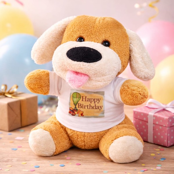 toptan-xml-dropshipping-Happy Birthday Tişörtlü Peluş Oyuncak Köpek