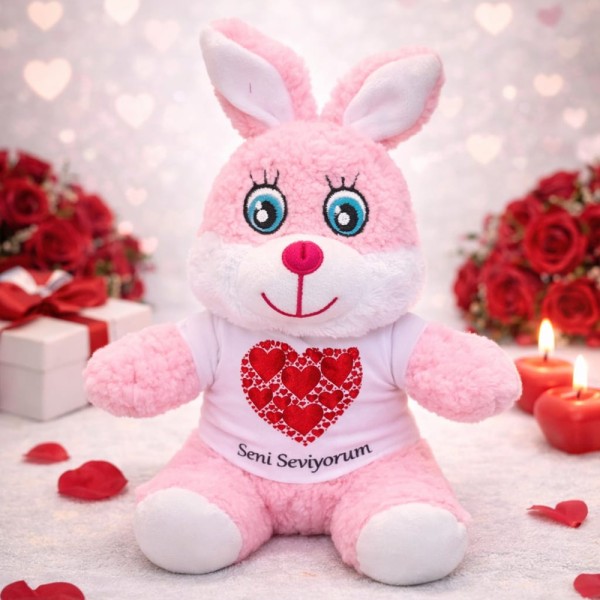 toptan-xml-dropshipping-Pembe Renk Seni Seviyorum Tişörtlü Peluş Tavşan