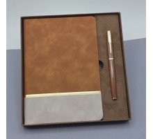 Kutulu Altın Şeritli Deri Defter Ve Kahverengi Metal Roller Kalem Set