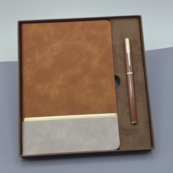 toptan-xml-dropshipping-Kutulu Altın Şeritli Deri Defter Ve Kahverengi Metal Roller Kalem Set