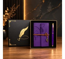 Mor Yaprak Desenli Deri Defter Ve Roller Metal Kalem