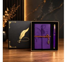 Mor Yaprak Desenli Deri Defter Ve Roller Metal Kalem