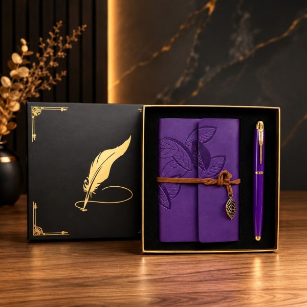 toptan-xml-dropshipping-Mor Yaprak Desenli Deri Defter Ve Roller Metal Kalem