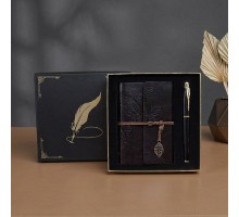 Vip Kutulu Deri Yaprak Desenli Defter Ve Metal Roller Kalem Seti