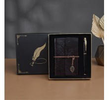 Vip Kutulu Deri Yaprak Desenli Defter Ve Metal Roller Kalem Seti