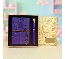 Yaprak Desenli Deri Defter Ve Mor Metal Kalem Seti