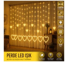 3 Metre 8 Modlu Kalp Perde LED Işık - Sarı (Sıcak Beyaz) Işık Dekoratif Işıklandırma Oda Dekoru