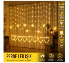 3 Metre 8 Modlu Kalp Perde LED Işık - Sarı (Sıcak Beyaz) Işık Dekoratif Işıklandırma Oda Dekoru