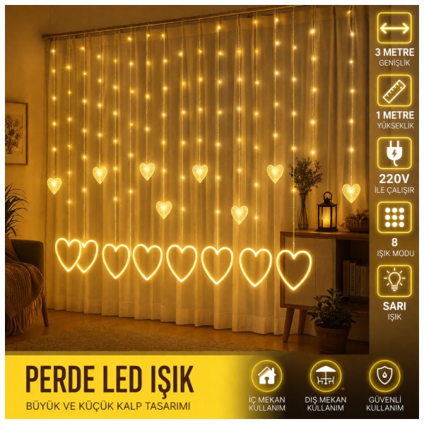 toptan-xml-dropshipping-3 Metre 8 Modlu Kalp Perde LED Işık - Sarı (Sıcak Beyaz) Işık Dekoratif Işıklandırma Oda Dekoru