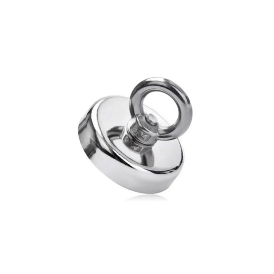 toptan-xml-dropshipping-Olta Mıknatısı D48 - 48 mm, 75 kg Çekim Gücü, Nikel Kaplama, Üstten Halkalı, Vidalı