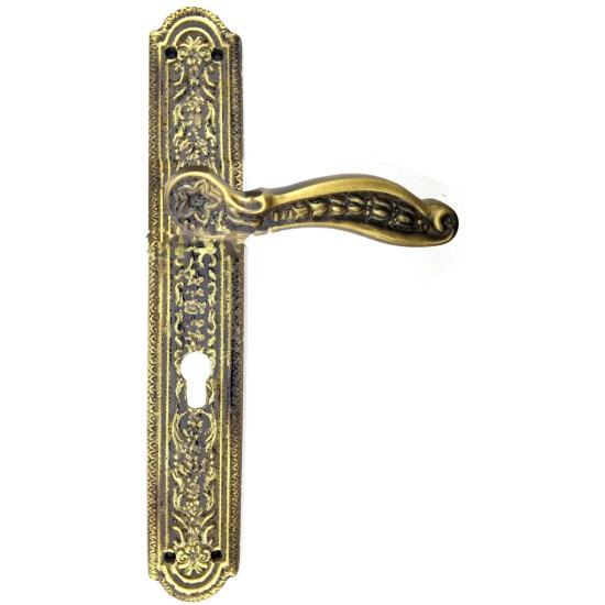 toptan-xml-dropshipping-Antik Ulu Model Büyük Kapı Kolu Takımı, 354x57 mm, Yaylı - Pirinç, Antik, Tarihi, Osmanlı Stil Lale ve Desen İşlemeli Kapı Kol Takım