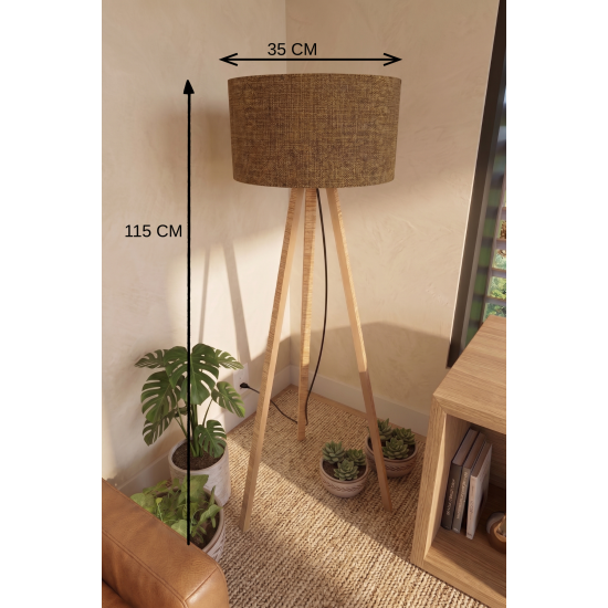 3 Ayaklı Tripod Lambader Tütün Kahve Kumaş Başlık
