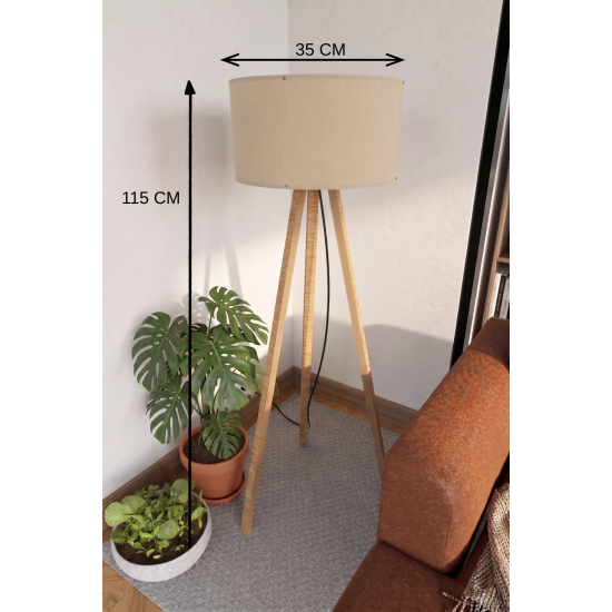 3 Ayaklı Tripod Lambader Bej Kumaş Başlık