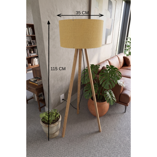 3 Ayaklı Tripod Lambader Hardal Kumaş Başlık