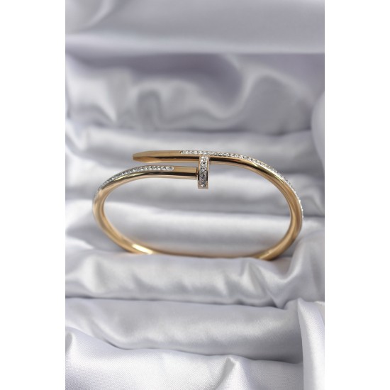 316L Çelik Gold Renk Çivi Model Zirkon Taş Detay Kadın Bileklik TJ-BB5646