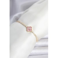 Pirinç Gold Renk Pembe Zirkon Taşlı Yonca Model Su Yolu Kadın Bileklik TJ-BB8466