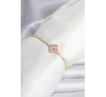 Pirinç Gold Renk Pembe Zirkon Taşlı Yonca Model Su Yolu Kadın Bileklik