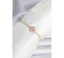 Pirinç Gold Renk Pembe Zirkon Taşlı Yonca Model Su Yolu Kadın Bileklik