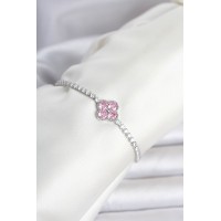 Pirinç Gümüş Renk Pembe Zirkon Taşlı Yonca Model Su Yolu Kadın Bileklik TJ-BB8467