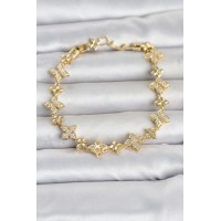 Pirinç Zirkon Taşlı Yonca Model Gold Renk Kadın Bileklik TJ-BB8494