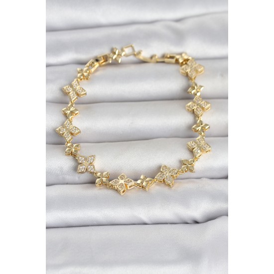 Pirinç Zirkon Taşlı Yonca Model Gold Renk Kadın Bileklik TJ-BB8494