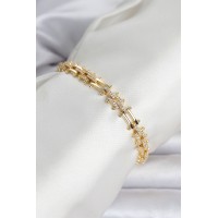 Pirinç Gold Renk Kare Zincir Model Zirkon Taşlı Kadın Bileklik TJ-BB8495