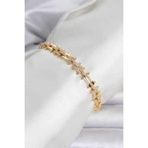 Pirinç Gold Renk Kare Zincir Model Zirkon Taşlı Kadın Bileklik TJ-BB8495