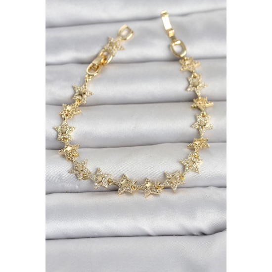 Sıralı Yıldız Model Zirkon Taşlı Gold Renk Pirinç Kadın Bileklik TJ-BB8496