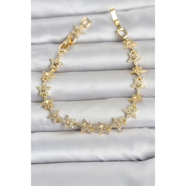 Sıralı Yıldız Model Zirkon Taşlı Gold Renk Pirinç Kadın Bileklik TJ-BB8496
