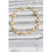 Pirinç Zirkon Taşlı ve Mineli Yonca Model Gold Renk Kadın Bileklik TJ-BB8497