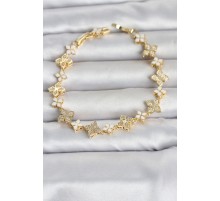 Pirinç Zirkon Taşlı ve Mineli Yonca Model Gold Renk Kadın Bileklik TJ-BB8497
