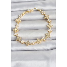 Pirinç Zirkon Taşlı ve Mineli Yonca Model Gold Renk Kadın Bileklik TJ-BB8497