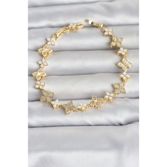 Pirinç Zirkon Taşlı ve Mineli Yonca Model Gold Renk Kadın Bileklik TJ-BB8497