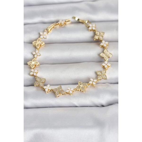 Pirinç Zirkon Taşlı ve Mineli Yonca Model Gold Renk Kadın Bileklik TJ-BB8497