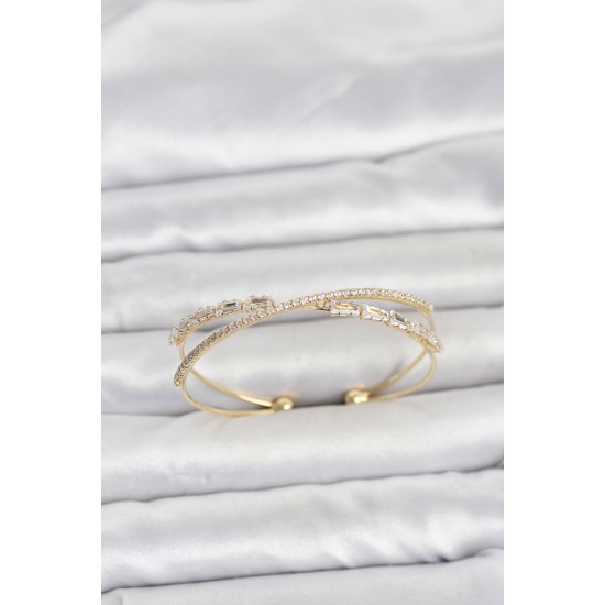 Pirinç Gold Renk Baget Zirkon Taşlı Kadın Bileklik TJ-BB8509