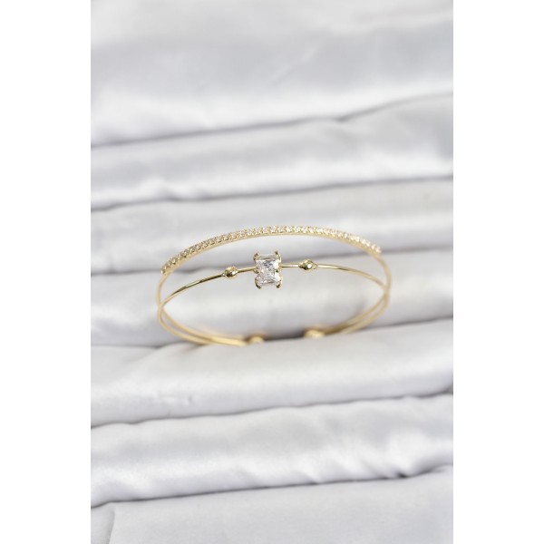 Pirinç Gold Renk Zirkon Taşlı Baget Model Kadın Bileklik TJ-BB8519